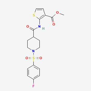 molecular formula C18H19FN2O5S2 B2513474 Methyl 2-(1-((4-fluorophenyl)sulfonyl)piperidine-4-carboxamido)thiophene-3-carboxylate CAS No. 922477-05-2