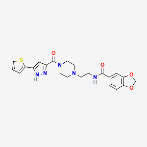 molecular formula C22H23N5O4S B2513493 N-(2-(4-(3-(thiophen-2-yl)-1H-pyrazole-5-carbonyl)piperazin-1-yl)ethyl)benzo[d][1,3]dioxole-5-carboxamide CAS No. 1296890-23-7