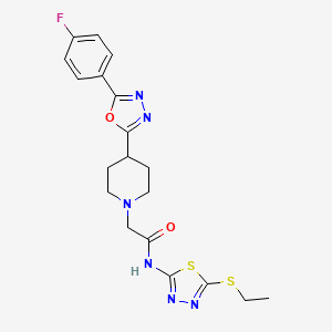 molecular formula C19H21FN6O2S2 B2513524 N-(5-(ethylthio)-1,3,4-thiadiazol-2-yl)-2-(4-(5-(4-fluorophenyl)-1,3,4-oxadiazol-2-yl)piperidin-1-yl)acetamide CAS No. 1351609-55-6