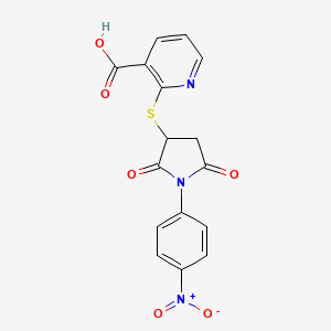 molecular formula C16H11N3O6S B2513568 2-((1-(4-Nitrophenyl)-2,5-dioxopyrrolidin-3-yl)thio)nicotinic acid CAS No. 308293-33-6
