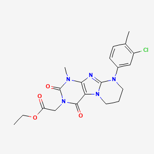 molecular formula C20H22ClN5O4 B2513575 ethyl 2-(9-(3-chloro-4-methylphenyl)-1-methyl-2,4-dioxo-1,2,6,7,8,9-hexahydropyrimido[2,1-f]purin-3(4H)-yl)acetate CAS No. 922452-73-1
