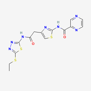molecular formula C14H13N7O2S3 B2513669 N-(4-(2-((5-(ethylthio)-1,3,4-thiadiazol-2-yl)amino)-2-oxoethyl)thiazol-2-yl)pyrazine-2-carboxamide CAS No. 1207000-83-6