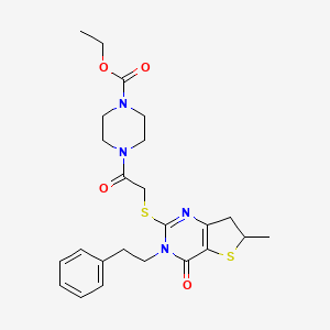 molecular formula C24H30N4O4S2 B2513739 Ethyl 4-(2-((6-methyl-4-oxo-3-phenethyl-3,4,6,7-tetrahydrothieno[3,2-d]pyrimidin-2-yl)thio)acetyl)piperazine-1-carboxylate CAS No. 851410-54-3