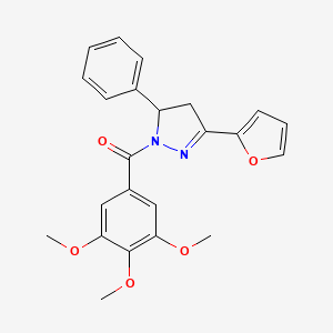 molecular formula C23H22N2O5 B2513744 (3-(furan-2-yl)-5-phenyl-4,5-dihydro-1H-pyrazol-1-yl)(3,4,5-trimethoxyphenyl)methanone CAS No. 1394651-81-0