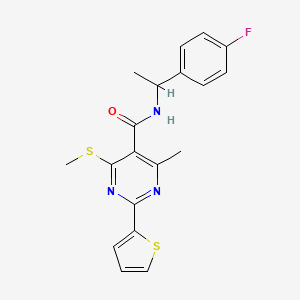 molecular formula C19H18FN3OS2 B2513818 N-[1-(4-fluorophenyl)ethyl]-4-methyl-6-(methylsulfanyl)-2-(thiophen-2-yl)pyrimidine-5-carboxamide CAS No. 1030196-04-3
