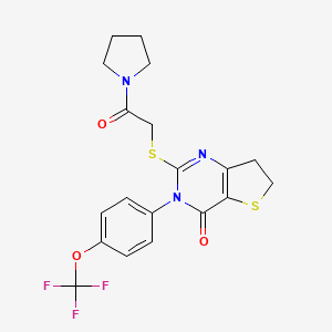 molecular formula C19H18F3N3O3S2 B2513833 2-((2-oxo-2-(pyrrolidin-1-yl)ethyl)thio)-3-(4-(trifluoromethoxy)phenyl)-6,7-dihydrothieno[3,2-d]pyrimidin-4(3H)-one CAS No. 877654-35-8