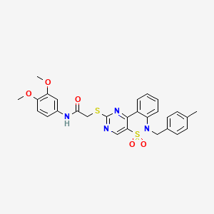 molecular formula C28H26N4O5S2 B2514078 N-(3,4-dimethoxyphenyl)-2-((6-(4-methylbenzyl)-5,5-dioxido-6H-benzo[c]pyrimido[4,5-e][1,2]thiazin-2-yl)thio)acetamide CAS No. 1112418-94-6