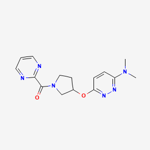 molecular formula C15H18N6O2 B2514346 (3-((6-(Dimethylamino)pyridazin-3-yl)oxy)pyrrolidin-1-yl)(pyrimidin-2-yl)methanone CAS No. 2034437-46-0