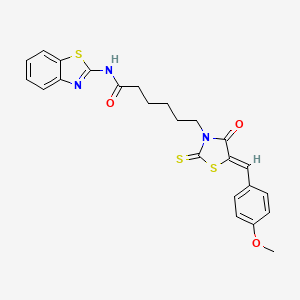 molecular formula C24H23N3O3S3 B2514363 N-(1,3-benzothiazol-2-yl)-6-[(5Z)-5-[(4-methoxyphenyl)methylidene]-4-oxo-2-sulfanylidene-1,3-thiazolidin-3-yl]hexanamide CAS No. 613225-51-7