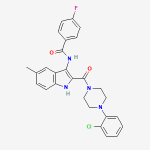 molecular formula C27H24ClFN4O2 B2514368 N-(2-(4-(2-chlorophenyl)piperazine-1-carbonyl)-5-methyl-1H-indol-3-yl)-4-fluorobenzamide CAS No. 1031994-21-4