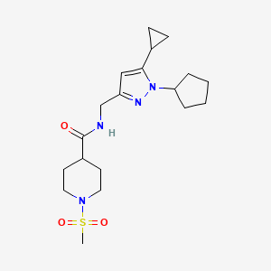 molecular formula C19H30N4O3S B2514378 N-((1-cyclopentyl-5-cyclopropyl-1H-pyrazol-3-yl)methyl)-1-(methylsulfonyl)piperidine-4-carboxamide CAS No. 1448079-10-4