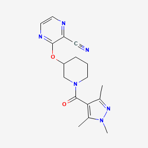molecular formula C17H20N6O2 B2514416 3-((1-(1,3,5-三甲基-1H-吡唑-4-羰基)哌啶-3-基)氧基)吡嗪-2-腈 CAS No. 2034504-17-9