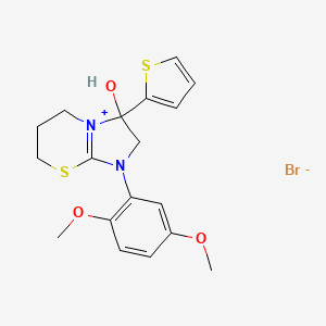 molecular formula C18H21BrN2O3S2 B2514420 1-(2,5-dimethoxyphenyl)-3-hydroxy-3-(thiophen-2-yl)-3,5,6,7-tetrahydro-2H-imidazo[2,1-b][1,3]thiazin-1-ium bromide CAS No. 1039433-04-9