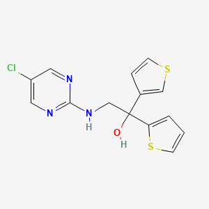molecular formula C14H12ClN3OS2 B2514424 2-[(5-Chloropyrimidin-2-yl)amino]-1-thiophen-2-yl-1-thiophen-3-ylethanol CAS No. 2379978-01-3