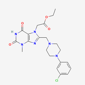 molecular formula C21H25ClN6O4 B2514438 ETHYL 2-(8-{[4-(3-CHLOROPHENYL)PIPERAZIN-1-YL]METHYL}-3-METHYL-2,6-DIOXO-2,3,6,7-TETRAHYDRO-1H-PURIN-7-YL)ACETATE CAS No. 847409-42-1