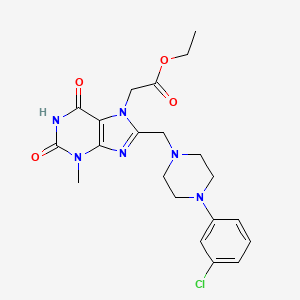 molecular formula C21H25ClN6O4 B2514438 Ethyl 2-[8-[[4-(3-chlorophenyl)piperazin-1-yl]methyl]-3-methyl-2,6-dioxopurin-7-yl]acetate CAS No. 847409-42-1