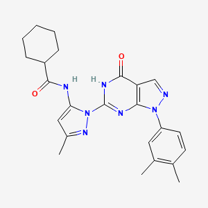 molecular formula C24H27N7O2 B2514442 N-(1-(1-(3,4-dimethylphenyl)-4-oxo-4,5-dihydro-1H-pyrazolo[3,4-d]pyrimidin-6-yl)-3-methyl-1H-pyrazol-5-yl)cyclohexanecarboxamide CAS No. 1172231-40-1