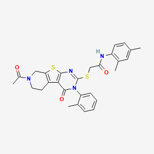 molecular formula C28H28N4O3S2 B2514444 2-[[11-acetyl-4-(2-methylphenyl)-3-oxo-8-thia-4,6,11-triazatricyclo[7.4.0.02,7]trideca-1(9),2(7),5-trien-5-yl]sulfanyl]-N-(2,4-dimethylphenyl)acetamide CAS No. 1185057-09-3