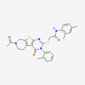 molecular formula C28H28N4O3S2 B2514444 2-((7-acetyl-4-oxo-3-(o-tolyl)-3,4,5,6,7,8-hexahydropyrido[4',3':4,5]thieno[2,3-d]pyrimidin-2-yl)thio)-N-(2,4-dimethylphenyl)acetamide CAS No. 1185057-09-3