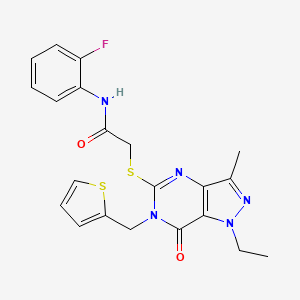 molecular formula C21H20FN5O2S2 B2514450 2-((1-ethyl-3-methyl-7-oxo-6-(thiophen-2-ylmethyl)-6,7-dihydro-1H-pyrazolo[4,3-d]pyrimidin-5-yl)thio)-N-(2-fluorophenyl)acetamide CAS No. 1359447-10-1