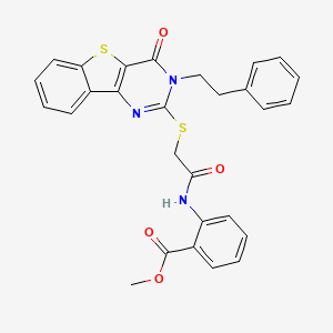 molecular formula C28H23N3O4S2 B2514487 methyl 2-(2-{[6-oxo-5-(2-phenylethyl)-8-thia-3,5-diazatricyclo[7.4.0.0^{2,7}]trideca-1(9),2(7),3,10,12-pentaen-4-yl]sulfanyl}acetamido)benzoate CAS No. 866016-46-8