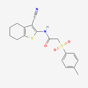 molecular formula C18H18N2O3S2 B2514512 N-(3-cyano-4,5,6,7-tetrahydro-1-benzothiophen-2-yl)-2-(4-methylbenzenesulfonyl)acetamide CAS No. 895447-06-0