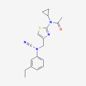 molecular formula C18H20N4OS B2514528 N-[4-[(N-Cyano-3-ethylanilino)methyl]-1,3-thiazol-2-yl]-N-cyclopropylacetamide CAS No. 1436225-67-0