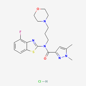 molecular formula C20H25ClFN5O2S B2514702 N-(4-fluoro-1,3-benzothiazol-2-yl)-1,5-dimethyl-N-[3-(morpholin-4-yl)propyl]-1H-pyrazole-3-carboxamide hydrochloride CAS No. 1215690-07-5