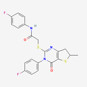 molecular formula C21H17F2N3O2S2 B2514722 N-(4-fluorophenyl)-2-{[3-(4-fluorophenyl)-6-methyl-4-oxo-3H,4H,6H,7H-thieno[3,2-d]pyrimidin-2-yl]sulfanyl}acetamide CAS No. 905697-85-0