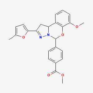 molecular formula C24H22N2O5 B2514841 methyl 4-[10-methoxy-4-(5-methylfuran-2-yl)-8-oxa-5,6-diazatricyclo[7.4.0.0^{2,6}]trideca-1(9),4,10,12-tetraen-7-yl]benzoate CAS No. 423130-94-3