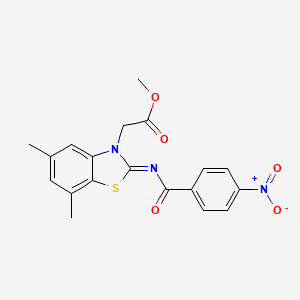 molecular formula C19H17N3O5S B2515107 Methyl 2-[5,7-dimethyl-2-(4-nitrobenzoyl)imino-1,3-benzothiazol-3-yl]acetate CAS No. 1322005-89-9