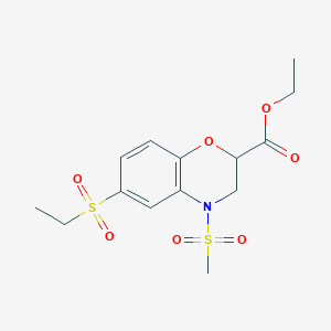 molecular formula C14H19NO7S2 B2515216 ethyl 6-(ethylsulfonyl)-4-(methylsulfonyl)-3,4-dihydro-2H-1,4-benzoxazine-2-carboxylate CAS No. 866050-92-2