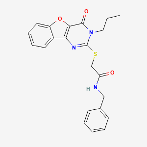molecular formula C22H21N3O3S B2515752 N-benzyl-2-({6-oxo-5-propyl-8-oxa-3,5-diazatricyclo[7.4.0.0^{2,7}]trideca-1(9),2(7),3,10,12-pentaen-4-yl}sulfanyl)acetamide CAS No. 899756-18-4