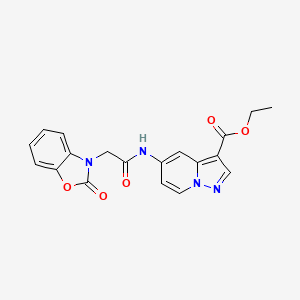 molecular formula C19H16N4O5 B2515801 ethyl 5-(2-(2-oxobenzo[d]oxazol-3(2H)-yl)acetamido)pyrazolo[1,5-a]pyridine-3-carboxylate CAS No. 1421583-96-1
