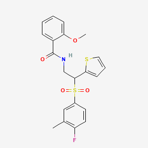 molecular formula C21H20FNO4S2 B2515869 N-[2-(4-fluoro-3-methylbenzenesulfonyl)-2-(thiophen-2-yl)ethyl]-2-methoxybenzamide CAS No. 946242-90-6