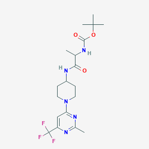 molecular formula C19H28F3N5O3 B2516014 Tert-butyl (1-((1-(2-methyl-6-(trifluoromethyl)pyrimidin-4-yl)piperidin-4-yl)amino)-1-oxopropan-2-yl)carbamate CAS No. 2034205-53-1