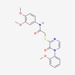 molecular formula C21H21N3O5S B2516220 N-(3,4-dimethoxyphenyl)-2-((4-(2-methoxyphenyl)-3-oxo-3,4-dihydropyrazin-2-yl)thio)acetamide CAS No. 900007-20-7