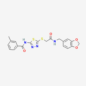 molecular formula C20H18N4O4S2 B2516346 N-(5-((2-((benzo[d][1,3]dioxol-5-ylmethyl)amino)-2-oxoethyl)thio)-1,3,4-thiadiazol-2-yl)-3-methylbenzamide CAS No. 893154-72-8