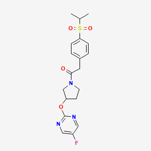 molecular formula C19H22FN3O4S B2516404 1-(3-((5-Fluoropyrimidin-2-yl)oxy)pyrrolidin-1-yl)-2-(4-(isopropylsulfonyl)phenyl)ethanone CAS No. 2034360-35-3