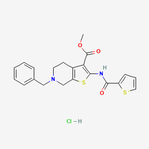 molecular formula C21H21ClN2O3S2 B2516433 Methyl 6-benzyl-2-(thiophene-2-carboxamido)-4,5,6,7-tetrahydrothieno[2,3-c]pyridine-3-carboxylate hydrochloride CAS No. 1216550-09-2