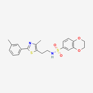 molecular formula C21H22N2O4S2 B2516532 N-(2-(4-methyl-2-(m-tolyl)thiazol-5-yl)ethyl)-2,3-dihydrobenzo[b][1,4]dioxine-6-sulfonamide CAS No. 869070-00-8