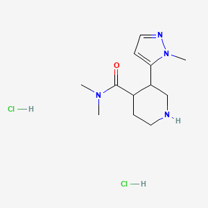 molecular formula C12H22Cl2N4O B2516600 N,N-Dimethyl-3-(2-methylpyrazol-3-yl)piperidine-4-carboxamide;dihydrochloride CAS No. 2241144-74-9