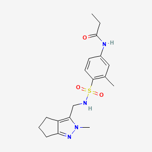 molecular formula C18H24N4O3S B2516621 N-(3-methyl-4-(N-((2-methyl-2,4,5,6-tetrahydrocyclopenta[c]pyrazol-3-yl)methyl)sulfamoyl)phenyl)propionamide CAS No. 2034454-77-6