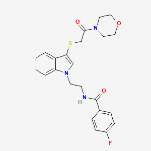 molecular formula C23H24FN3O3S B2516825 4-fluoro-N-[2-[3-(2-morpholin-4-yl-2-oxoethyl)sulfanylindol-1-yl]ethyl]benzamide CAS No. 443333-14-0