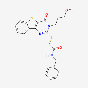 molecular formula C23H23N3O3S2 B2516832 N-benzyl-2-{[5-(3-methoxypropyl)-6-oxo-8-thia-3,5-diazatricyclo[7.4.0.0^{2,7}]trideca-1(9),2(7),3,10,12-pentaen-4-yl]sulfanyl}acetamide CAS No. 866014-28-0