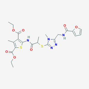 molecular formula C23H27N5O7S2 B2516903 diethyl 5-(2-((5-((furan-2-carboxamido)methyl)-4-methyl-4H-1,2,4-triazol-3-yl)thio)propanamido)-3-methylthiophene-2,4-dicarboxylate CAS No. 393817-11-3