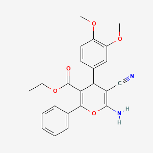 molecular formula C23H22N2O5 B2516998 ethyl 6-amino-5-cyano-4-(3,4-dimethoxyphenyl)-2-phenyl-4H-pyran-3-carboxylate CAS No. 489414-53-1