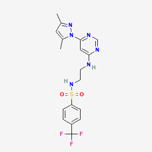 molecular formula C18H19F3N6O2S B2517008 N-(2-((6-(3,5-二甲基-1H-吡唑-1-基)嘧啶-4-基)氨基)乙基)-4-(三氟甲基)苯磺酰胺 CAS No. 1170301-16-2