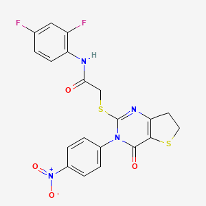 molecular formula C20H14F2N4O4S2 B2517075 N-(2,4-difluorophenyl)-2-((3-(4-nitrophenyl)-4-oxo-3,4,6,7-tetrahydrothieno[3,2-d]pyrimidin-2-yl)thio)acetamide CAS No. 687568-49-6