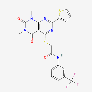 molecular formula C21H16F3N5O3S2 B2517081 2-((6,8-dimethyl-5,7-dioxo-2-(thiophen-2-yl)-5,6,7,8-tetrahydropyrimido[4,5-d]pyrimidin-4-yl)thio)-N-(3-(trifluoromethyl)phenyl)acetamide CAS No. 847191-85-9